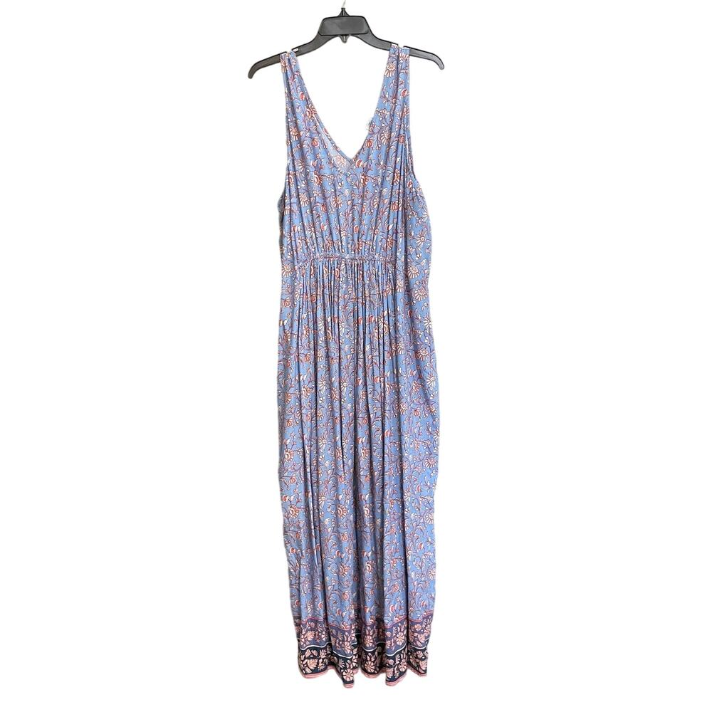 Lucky Brand Dress V Neck Gathered Waist Floral Maxi Sleeveless Sz 2X Boho
